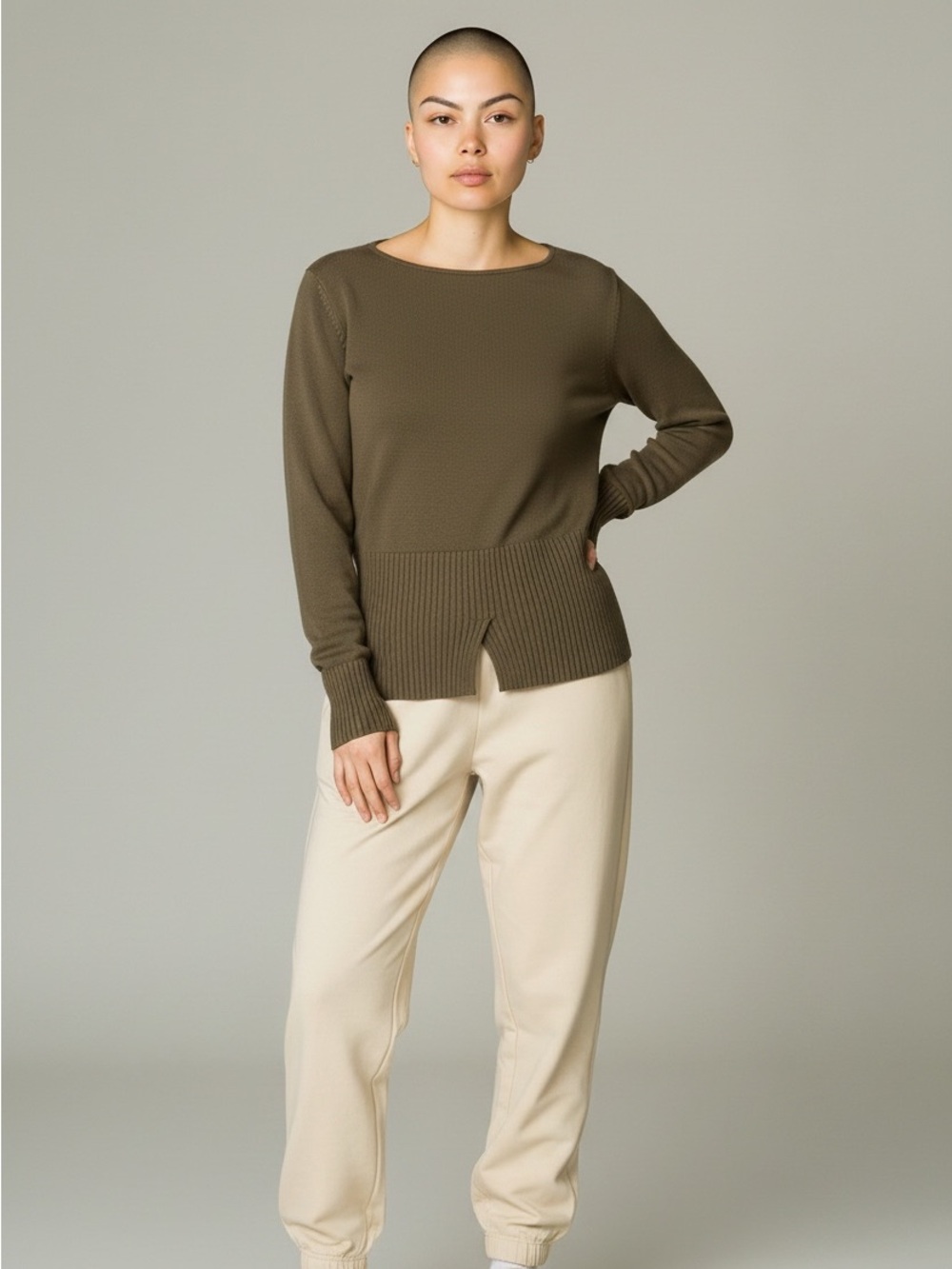 WAYNE Olive Green Ribbed-Hem Scoop Neck Sweater with back slit details
